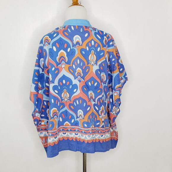 J. McLaughlin Button Front Poncho Printed Blue Orange Boxy Relaxed Women XS - Picture 3 of 10